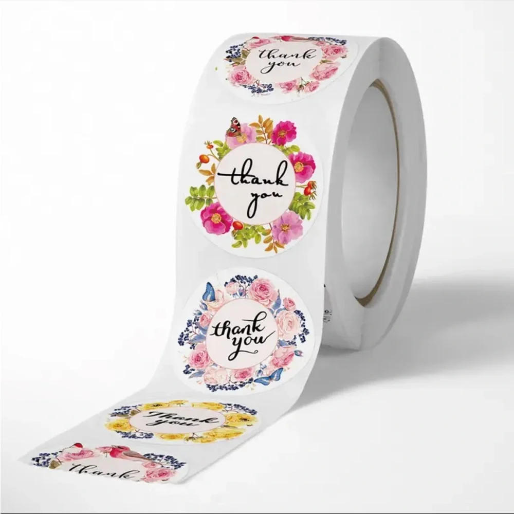 Roll of 500 Floral Wreath Thank You Stickers Garden Flowers Shipping Supplies